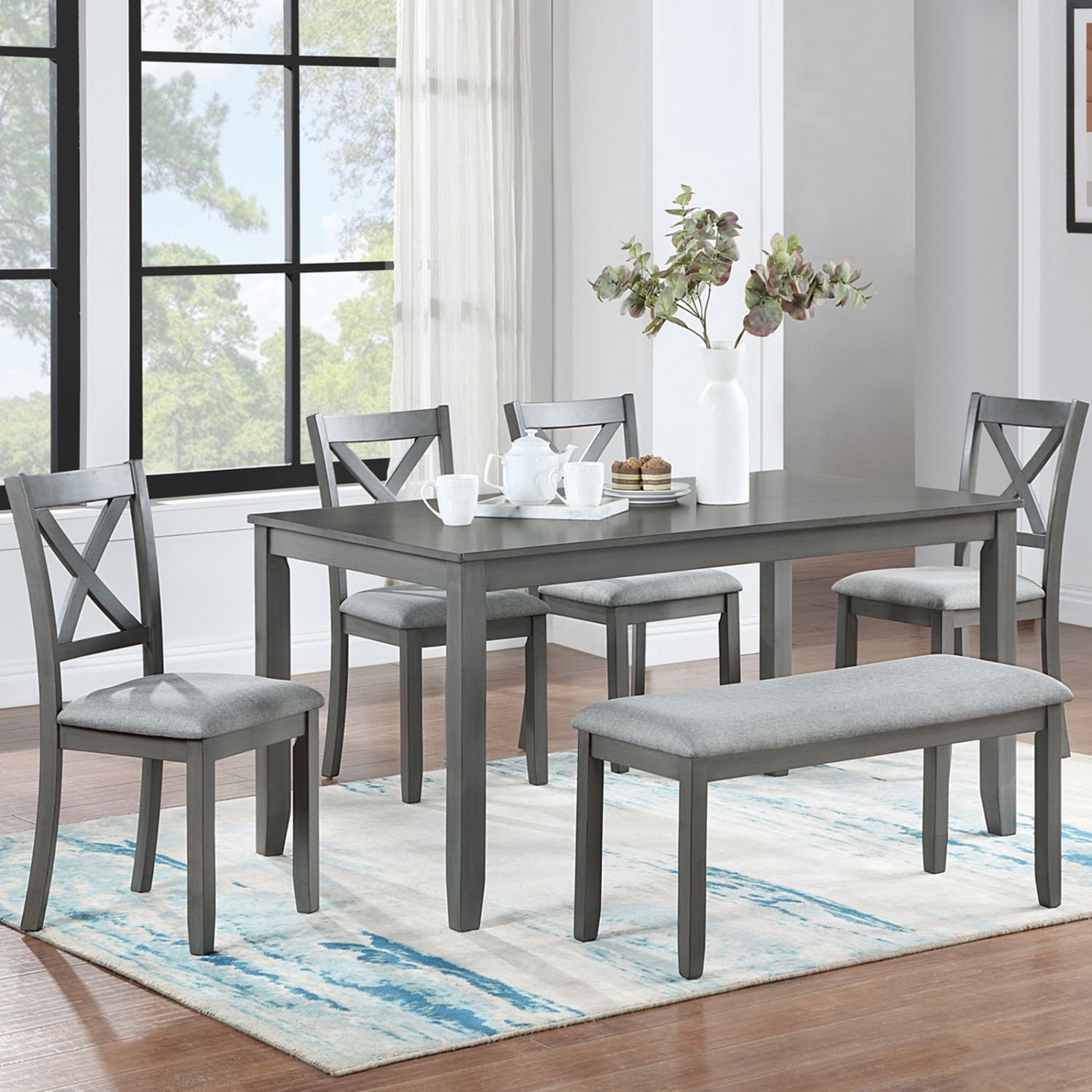 6 Piece Kitchen Dining Set, Rectangular Wooden Dining Table with 4 Upholstered Chairs and a Bench, Dining Table Set for 6 People, Living Room 6 Piece Kitchen Dining Set, Rectangular Wooden Dining Table with 4 Upholstered Chairs and a Bench, Dining Table Set for 6 People, Living Room